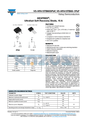 HFA15TB60-1TRRP datasheet - HEXFRED, Ultrafast Soft Recovery Diode, 15 A