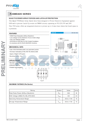 PJSMDA05 datasheet - QUAD TVS/ZENER ARRAY FOR ESD AND LATCH-UP PROTECTION