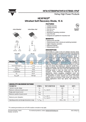 HFA15TB60PBF datasheet - Ultrafast Soft Recovery Diode, 15 A