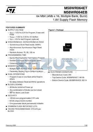 M58WR064ET70ZB6T datasheet - 64 Mbit 4Mb x 16, Multiple Bank, Burst 1.8V Supply Flash Memory