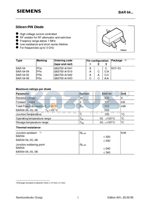 Q62702-A1043 datasheet - Silicon PIN Diode (High voltage current controlled RF resistor for RF attenuator and swirches Freqency range above 1 MHz)