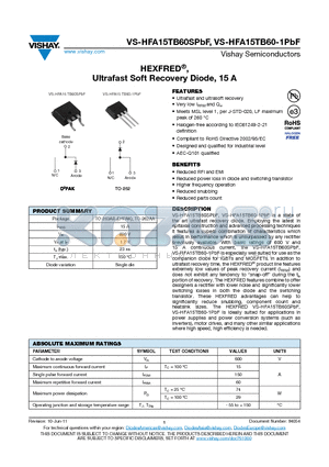 HFA15TB60STRRP datasheet - HEXFRED, Ultrafast Soft Recovery Diode, 15 A