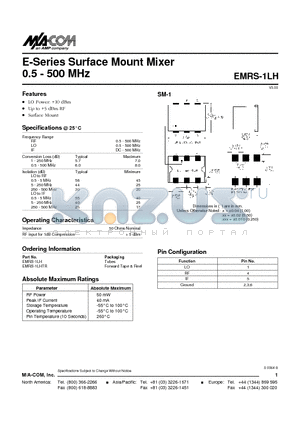 EMRS-1LHTR datasheet - E-Series Surface Mount Mixer 0.5 - 500 MHz