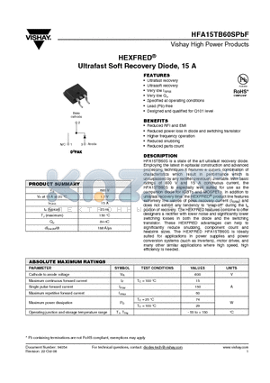 HFA15TB60SPBF datasheet - Ultrafast Soft Recovery Diode, 15 A