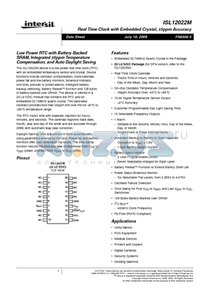 ISL12022M datasheet - Low Power RTC with Battery Backed SRAM, Integrated a5ppm Temperature Compensation, and Auto Daylight Saving