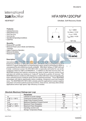 HFA16PA120CPBF datasheet - Ultrafast,Soft Recovery Diode