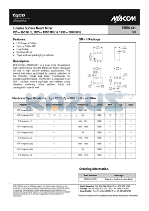 EMRS-6X1TR datasheet - E-Series Surface Mount Mixer 925-960 MHz, 1805-1880 MHz, 1930-1990 MHz