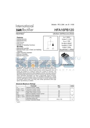 HFA16PB120 datasheet - Ultrafast, Soft Recovery Diode HEXFRED