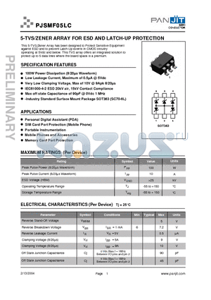 PJSMF05LC_04 datasheet - 5-TVS/ZENER ARRAY FOR ESD AND LATCH-UP PROTECTION