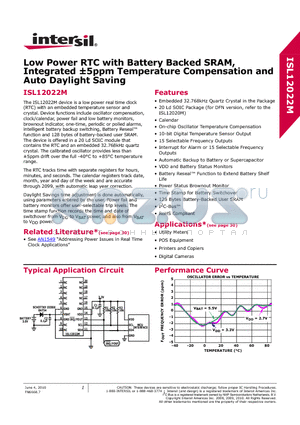 ISL12022MIBZ-T datasheet - Low Power RTC with Battery Backed SRAM,Integrated a5ppm Temperature Compensation and Auto Daylight Saving