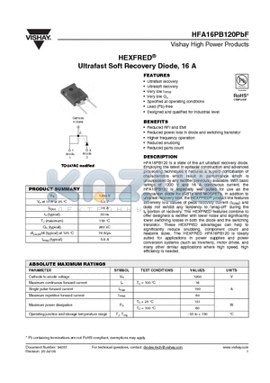 HFA16PB120PBF datasheet - Ultrafast Soft Recovery Diode, 16 A