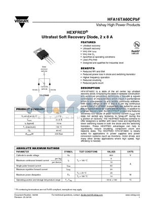 HFA16TA60CPBF datasheet - Ultrafast Soft Recovery Diode, 2 x 8 A