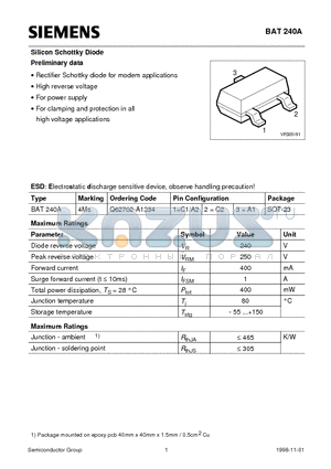 Q62702-A1234 datasheet - Silicon Schottky Diode (Rectifier Schottky diode for modem applications High reverse voltage For power supply)