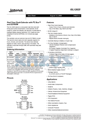 ISL12025IVZ datasheet - Real-Time Clock/Calendar with I2C Bus and EEPROM