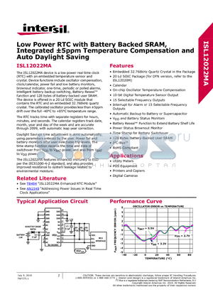 ISL12022MA_10 datasheet - Low Power RTC with Battery Backed SRAM, Integrated a5ppm Temperature Compensation and Auto Daylight Saving