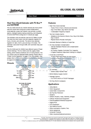 ISL12026IVZ datasheet - Real Time Clock/Calendar with I2C Bus and EEPROM