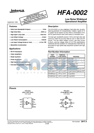 HFA2-0002-9 datasheet - Low Noise Wideband Operational Amplifier