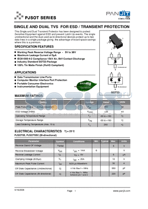 PJSOT12C datasheet - SINGLE AND DUAL TVS FOR ESD / TRANSIENT PROTECTION