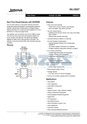 ISL12027IB27Z-T datasheet - Real Time Clock/Calendar with EEPROM