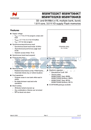 M58WT032QT70ZB6E datasheet - 32- and 64-Mbit (16, multiple bank, burst) 1.8 V core, 3.0 V I/O supply Flash memories