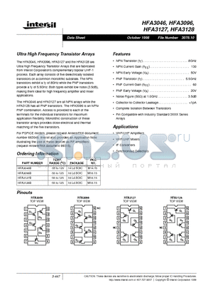 HFA3046 datasheet - Ultra High Frequency Transistor Arrays