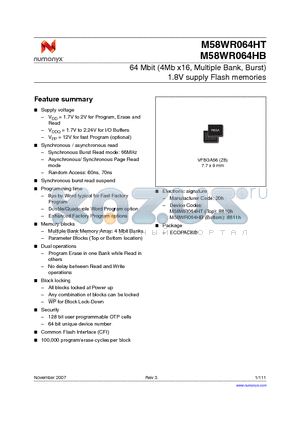 M58WR064HB datasheet - 64 Mbit (4Mb x16, Multiple Bank, Burst) 1.8V supply Flash memories