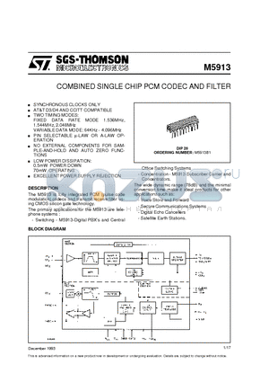M5913 datasheet - COMBINED SINGLE CHIP PCM CODEC AND FILTER