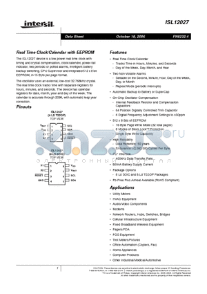 ISL12027IVAZ-T datasheet - Real Time Clock/Calendar with EEPROM