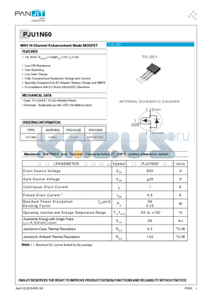 PJU1N60 datasheet - 600V N-Channel Enhancement Mode MOSFET