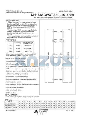 MH1S64CWXTJ-1539 datasheet - 67108864-BIT (1048576-WORD BY 64-BIT)SynchronousDRAM