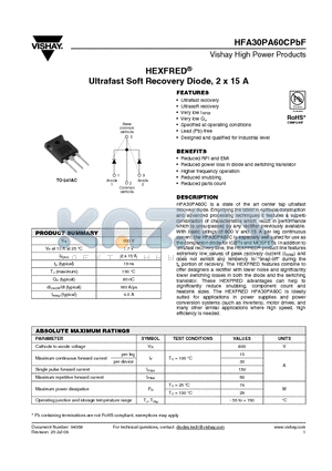 HFA30PA60CPBF datasheet - Ultrafast Soft Recovery Diode, 2 x 15 A