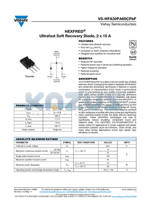 HFA30PA60CPBF_11 datasheet - HEXFRED Ultrafast Soft Recovery Diode, 2 x 15 A