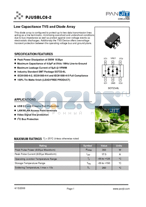 PJUSBLC6-2_08 datasheet - Low Capacitance TVS and Diode Array