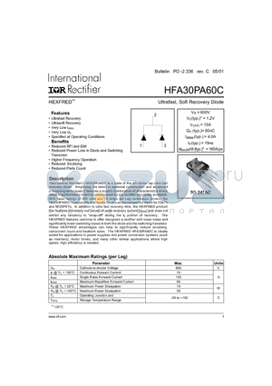 HFA30PA60C datasheet - Ultrafast, Soft Recovery Diode