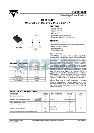 HFA30PA60C datasheet - Ultrafast Soft Recovery Diode, 2 x 15 A