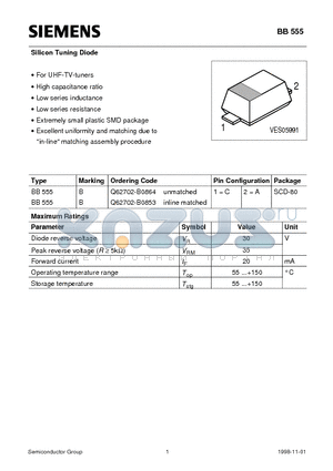 Q62702-B0853 datasheet - Silicon Tuning Diode (For UHF-TV-tuners High capacitance ratio Low series inductance)