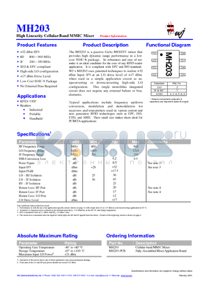 MH203-RFID datasheet - High Linearity Cellular-Band MMIC Mixer