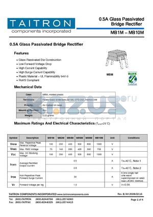 MB1M datasheet - 0.5A Glass Passivated Bridge Rectifier