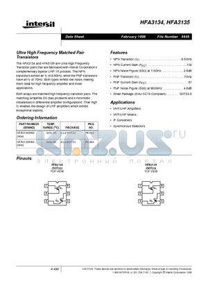 HFA3135 datasheet - Ultra High Frequency Matched Pair Transistors