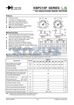 KBPC1500PW datasheet - 15A SINGLE-PHASE BRIDGE RECTIFIER