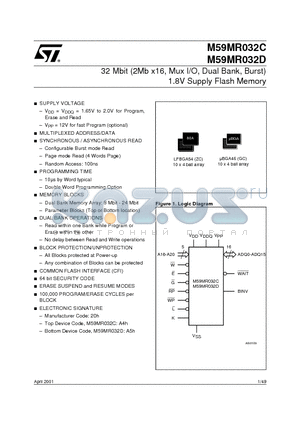 M59MR032C100GC6T datasheet - 32 Mbit 2Mb x16, Mux I/O, Dual Bank, Burst 1.8V Supply Flash Memory