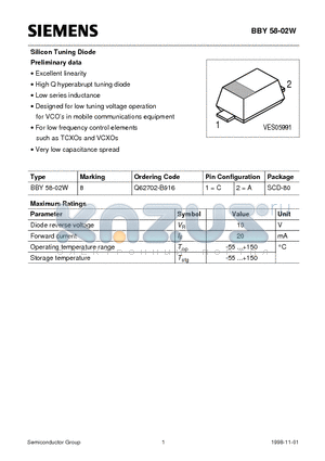 Q62702-B916 datasheet - Silicon Tuning Diode (Excellent linearity High Q hyperabrupt tuning diode Low series inductance)