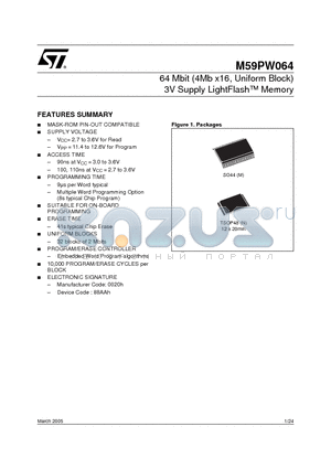 M59P064100M1T datasheet - 64 Mbit (4Mb x16, Uniform Block) 3V Supply LightFlash  Memory