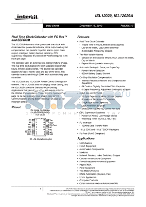 ISL12029IVAZ datasheet - Real Time Clock/Calendar with I2C Bus and EEPROM