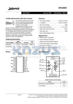 HFA3663IA96 datasheet - 2.3GHz UpConverter with Gain Control