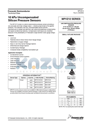 MPVZ12GW7U datasheet - 10 kPa Uncompensated Silicon Pressure Sensors