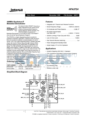 HFA3724IN96 datasheet - 400MHz Quadrature IF Modulator/Demodulator