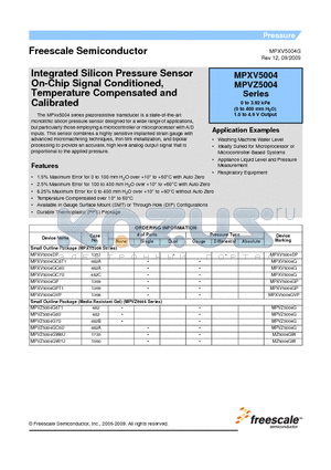 MPVZ5004 datasheet - Integrated Silicon Pressure Sensor On-Chip Signal Conditioned, Temperature Compensated and Calibrated