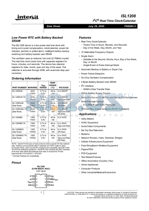 ISL1208IB8Z-TK datasheet - I2C Real Time Clock/Calendar