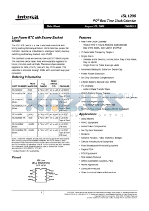 ISL1208IB8-TK datasheet - Low Power RTC with Battery Backed SRAM